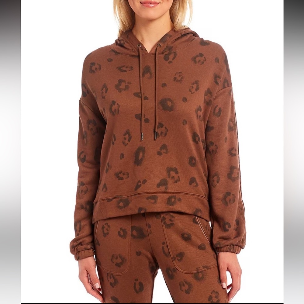 NWT Splendid Long Balloon Sleeve Hooded Knit Leopard Print Coordinating Pullover